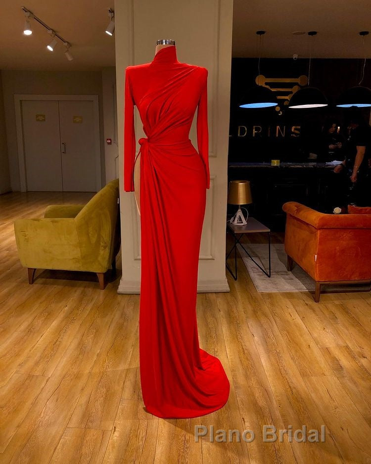 Glamorous High Neck Long Sleeve Red Formal Prom Dresses Long With Split Secondary image