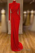 Glamorous High Neck Long Sleeve Red Formal Prom Dresses Long With Split