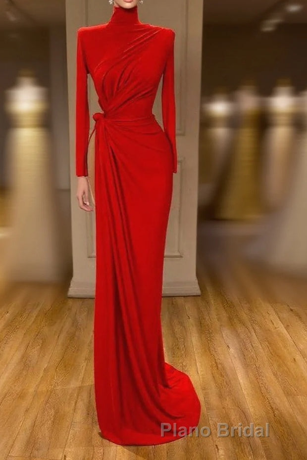 Glamorous High Neck Long Sleeve Red Formal Prom Dresses Long With Split