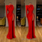 One-shoulder Long sleeves High-split Soft pleated Red Formal Prom Dresses