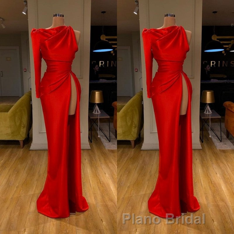 One-shoulder Long sleeves High-split Soft pleated Red Formal Prom Dresses