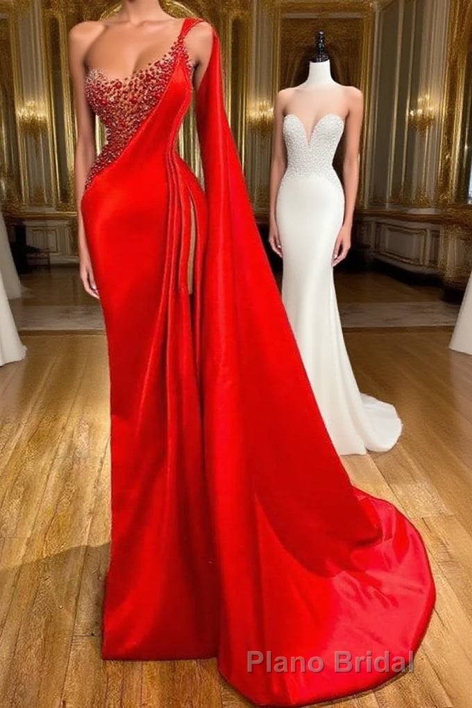 Unique Red Stones Sleeveless High split mermaid Evening Dresses Main image