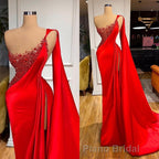 Unique Red Stones Sleeveless High split mermaid Evening Dresses