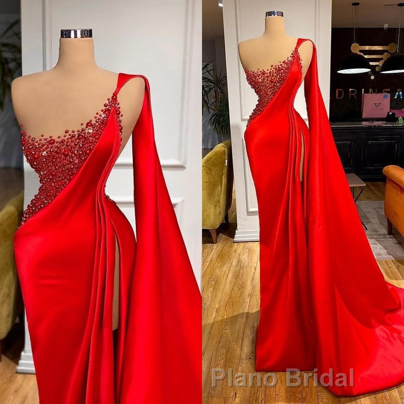 Unique Red Stones Sleeveless High split mermaid Evening Dresses