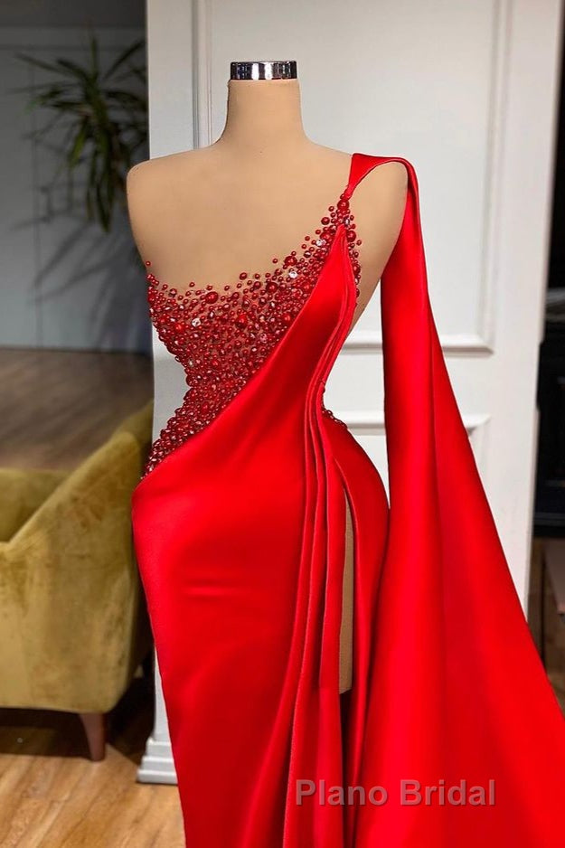 Unique Red Stones Sleeveless High split mermaid Evening Dresses