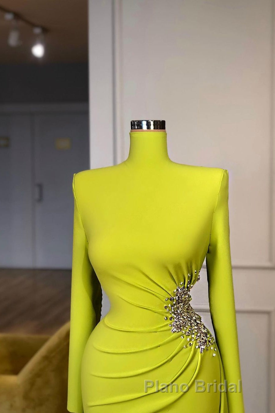 Ginger yellow High-neck Long-sleeves Metallic Beaded Mermaid Formal Prom Dresses Secondary image