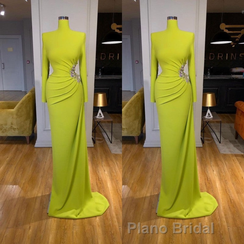 Ginger yellow High-neck Long-sleeves Metallic Beaded Mermaid Formal Prom Dresses