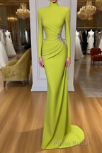 Ginger yellow High-neck Long-sleeves Metallic Beaded Mermaid Formal Prom Dresses
