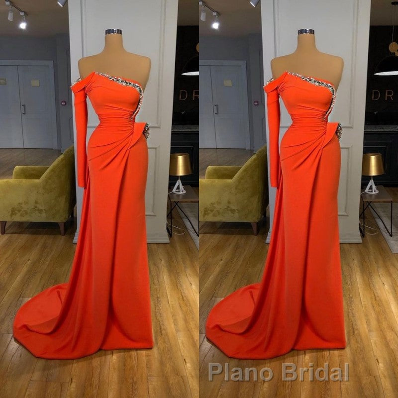 Long sleeves Strapless Orange Sequined Long Formal Prom Dresses