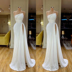 Strapless Creamy White High-split Pleated Long Formal Prom Dresses