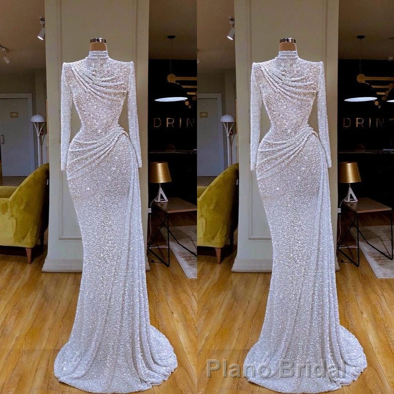Sparkle White Sequin Long sleeves Pleated Long Formal Prom Dresses Secondary image