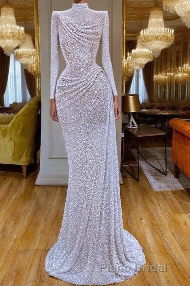 Sparkle White Sequin Long sleeves Pleated Long Formal Prom Dresses Main image