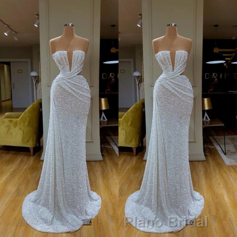 Plunging V-neck Sparkle White Sequined Strapless Formal Prom Dresses Secondary image