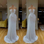 Plunging V-neck Sparkle White Sequined Strapless Formal Prom Dresses