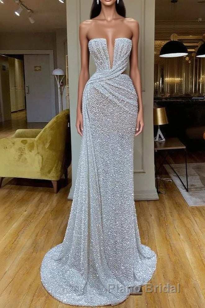 Plunging V-neck Sparkle White Sequined Strapless Formal Prom Dresses Main image