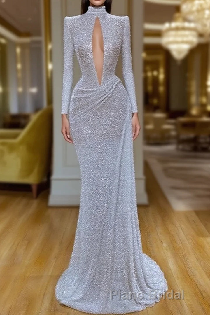 Stunning Long Sleeve High Neck Sequins Formal Prom Dresses Mermaid Long Main image