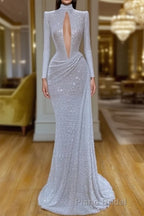 Stunning Long Sleeve High Neck Sequins Formal Prom Dresses Mermaid Long