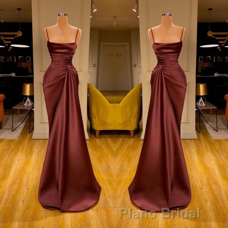 Burgundy Spaghetti-Straps Mermaid Ruffles Formal Prom Dresses Long