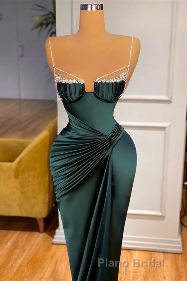 Gorgeous Dark Green Spaghetti-Straps Mermaid Formal Prom Dresses With Beadings