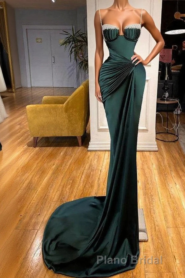 Gorgeous Dark Green Spaghetti-Straps Mermaid Formal Prom Dresses With Beadings