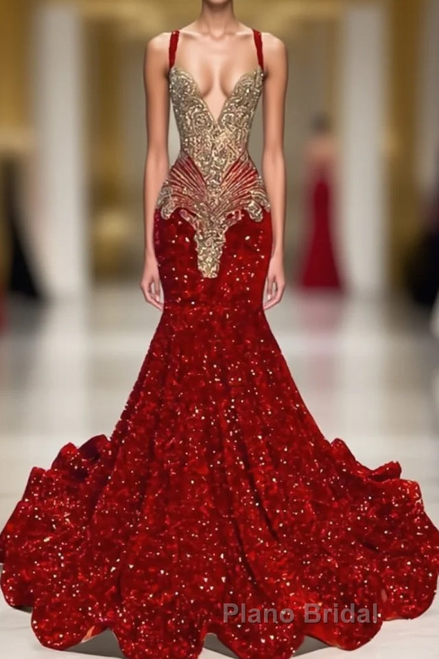 Red Sequins Mermaid Formal Prom Dress Sleeveless With Crystal