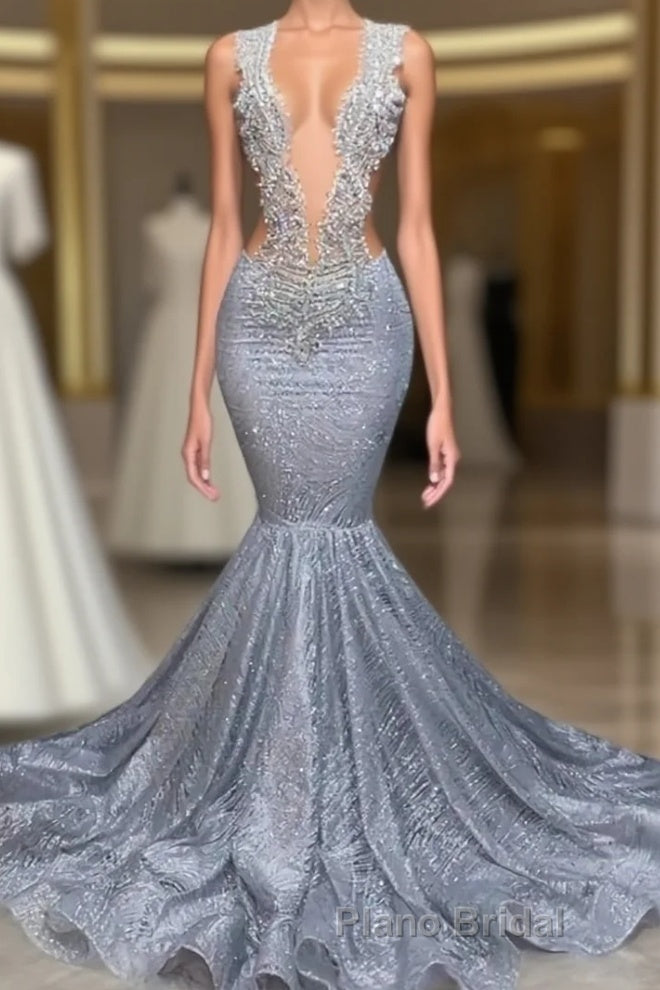 Silver Sequins Mermaid Formal Prom Dress Long With Beads Main image