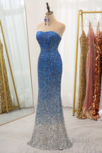 Sparkly Ombre Blue Mermaid Strapless Long Sequin Formal Prom Dresses