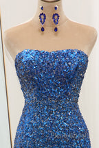 Sparkly Ombre Blue Mermaid Strapless Long Sequin Formal Prom Dresses