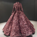 Glitter High Neck Open Back Lace Up Ball Gown Formal Prom Dresses