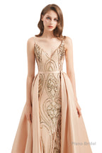 Mermaid Sequins Spaghetti Straps Prom Dresses With Detachable Train