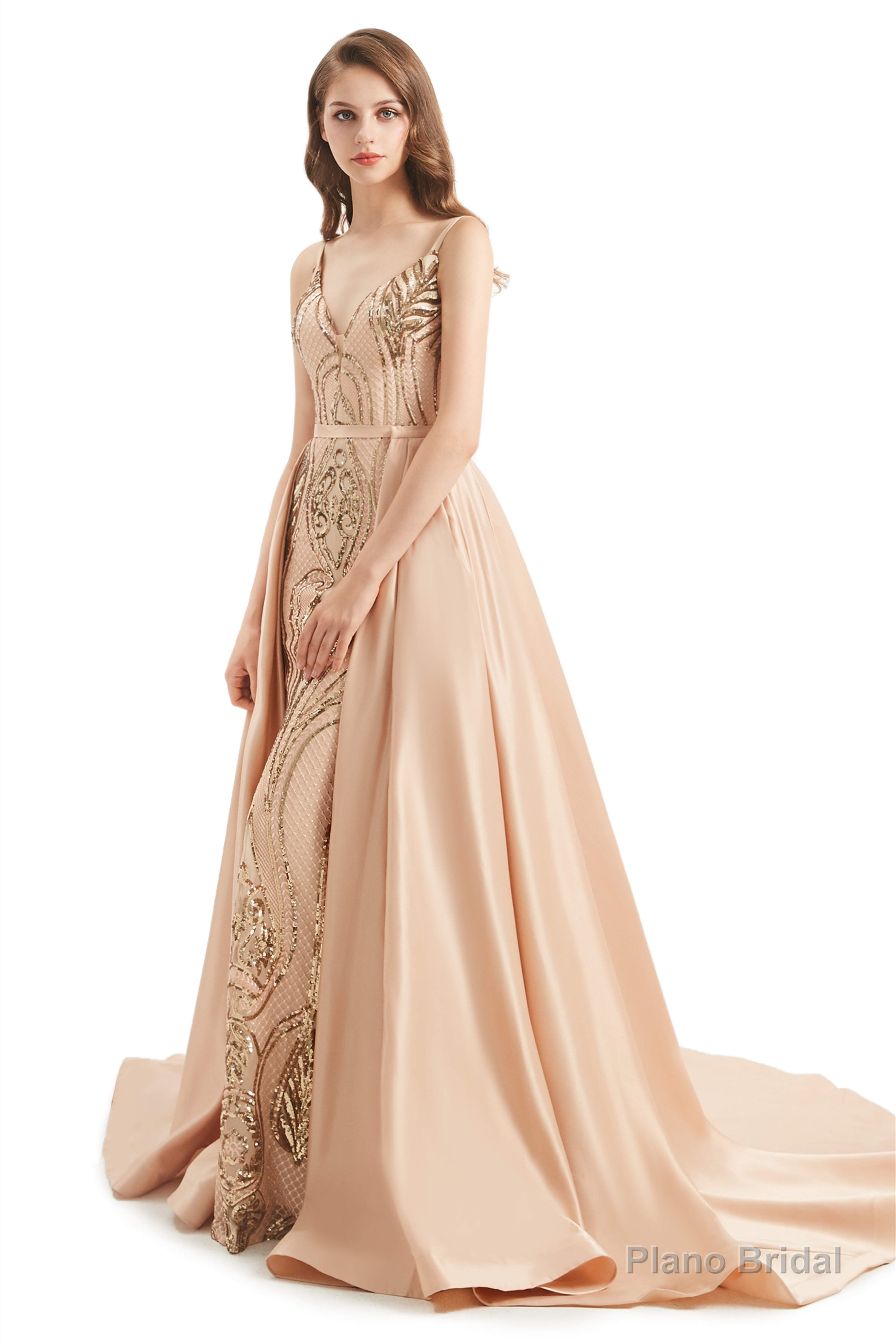 Mermaid Sequins Spaghetti Straps Prom Dresses With Detachable Train