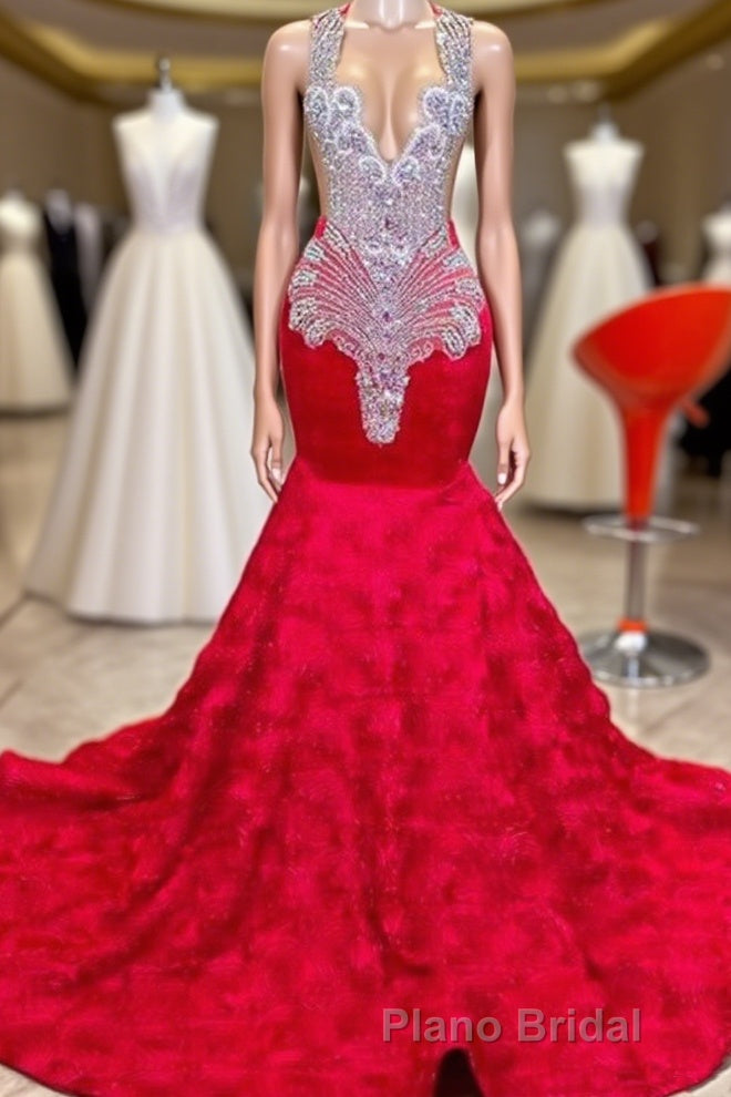 Charming Long Mermaid Jewel Satin Beading Formal Prom Dresses Red Formal Gowns Main image