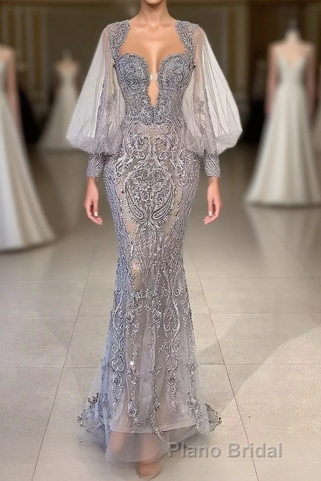 Charming Long Mermaid Sweetheart Tulle Lace Evening Dresses with Puffy Sleeves