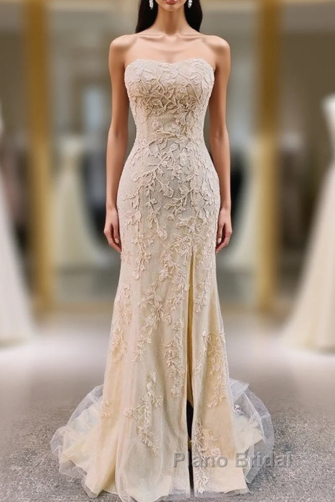 Classy Gold Lace Appliques Long Strapless Formal Prom Dresses with Side Slit Main image