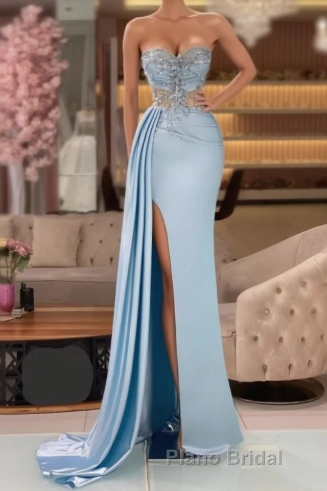 Column Slit Front Long Sweetheart Strapless Sleeveless Sky Blue Ruffle Stain Evening Dress with Beadings Main image