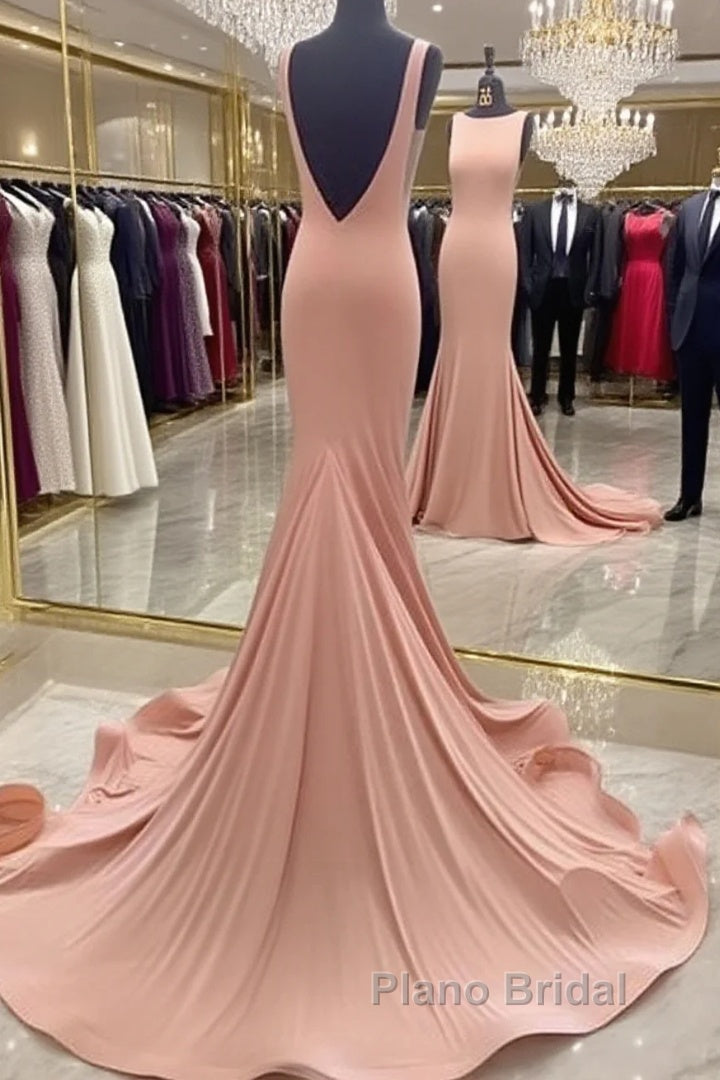 Coral Low Back Bateau Neck Modest Formal Prom Dresses with Sweep Train Main image
