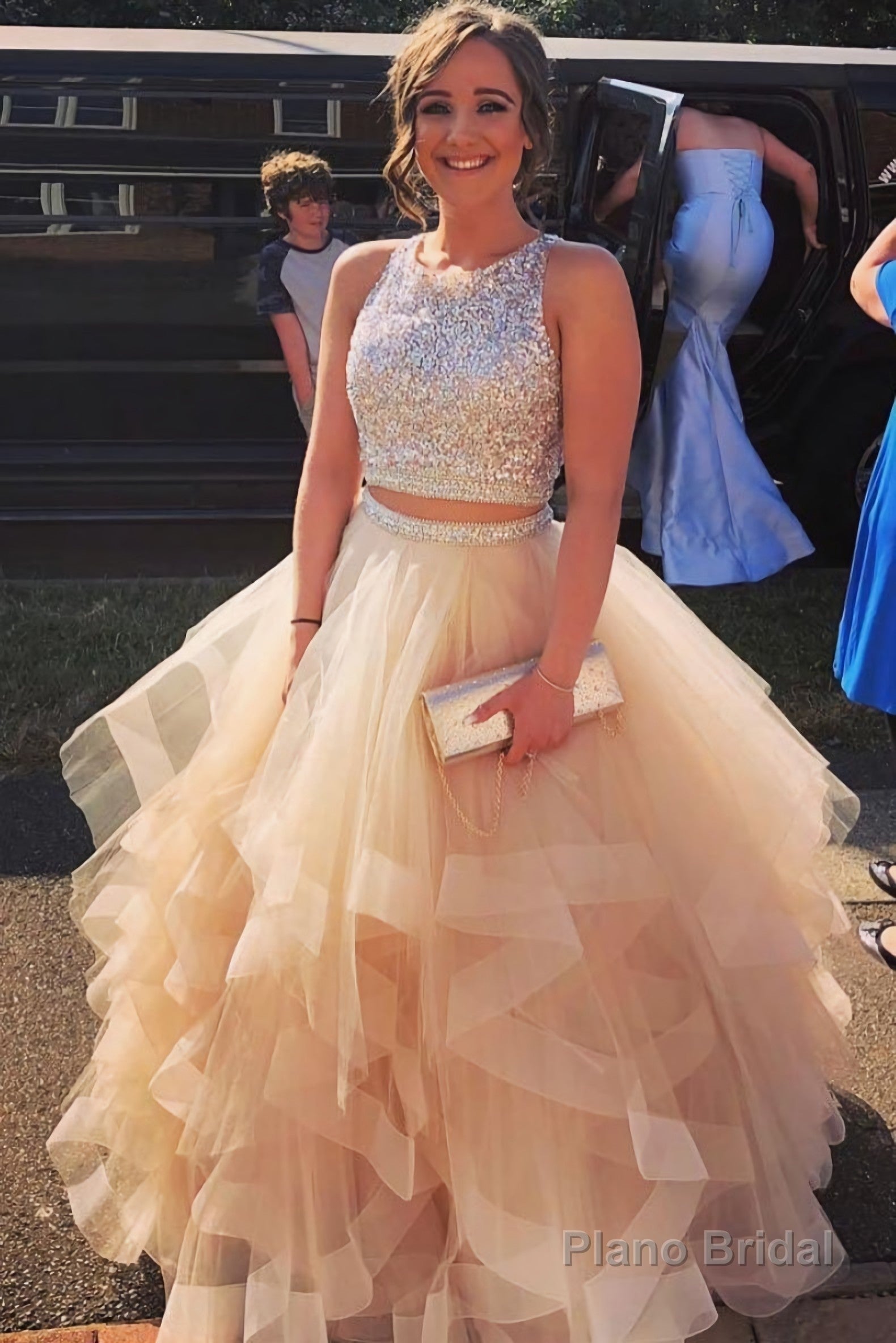 Custom Made Round Neck Two Pieces Sequins Champagne Puffy Two Pieces Champagne Puffy Champagne Prom Dresses Main image