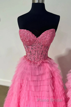 Cute Sweetheart Lace Appliques Tulle Long Formal Prom Dresses