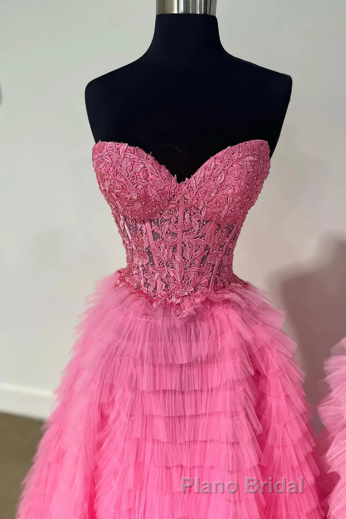 Cute Sweetheart Lace Appliques Tulle Long Formal Prom Dresses