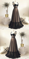 Vintage Polka Dots Spaghetti Straps Black Long Prom Dress