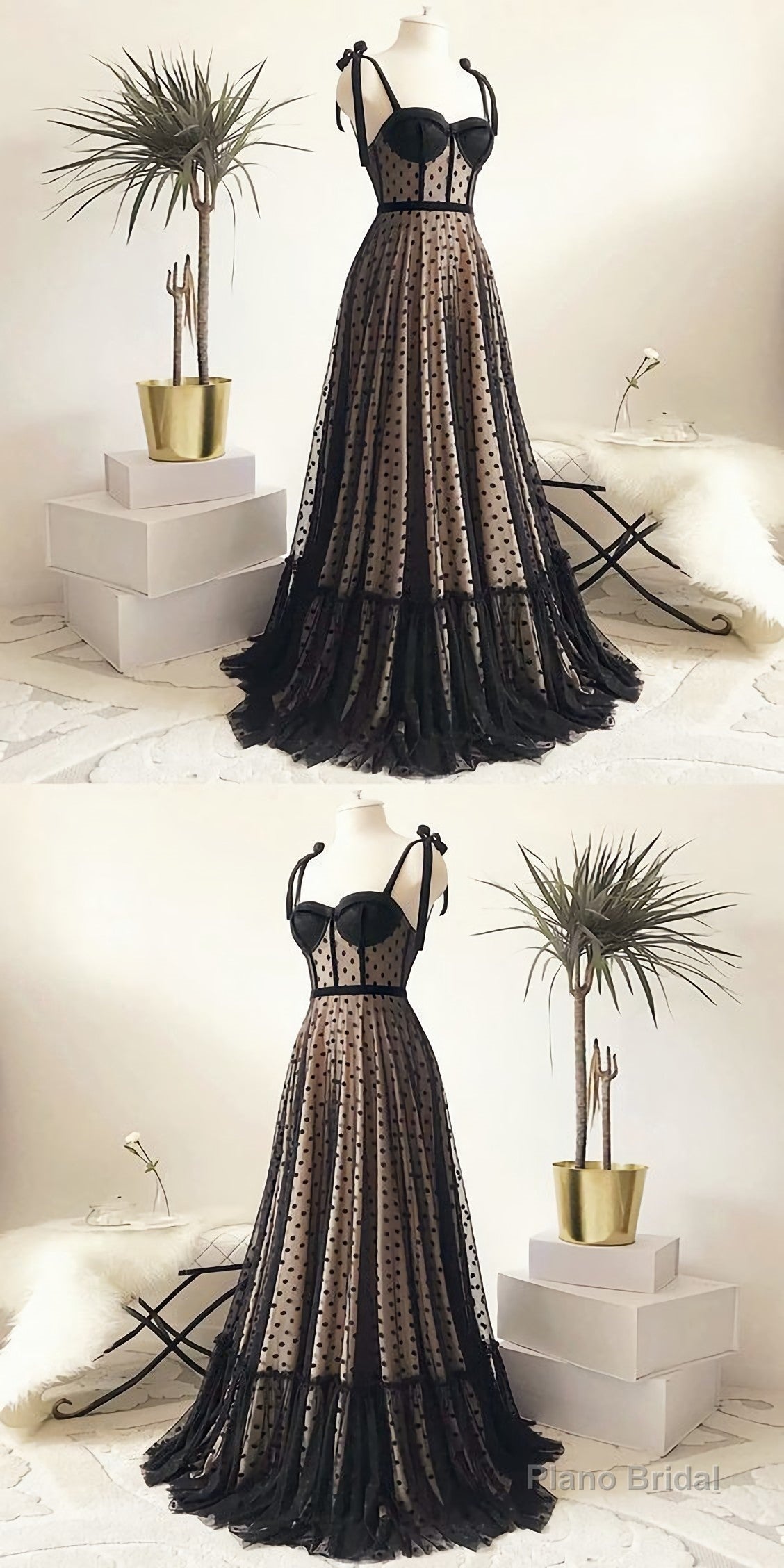 Vintage Polka Dots Spaghetti Straps Black Long Prom Dress Main image