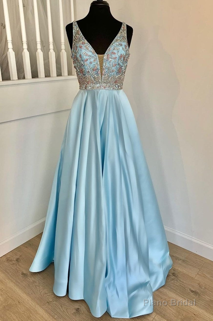 Elegant Light Blue A-line Beaded Long Prom Dress Main image
