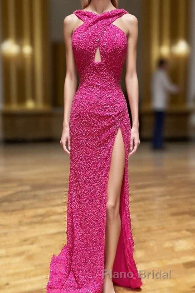 Cross Front Hot Pink Sequins Mermaid Long Prom Dresses Main image