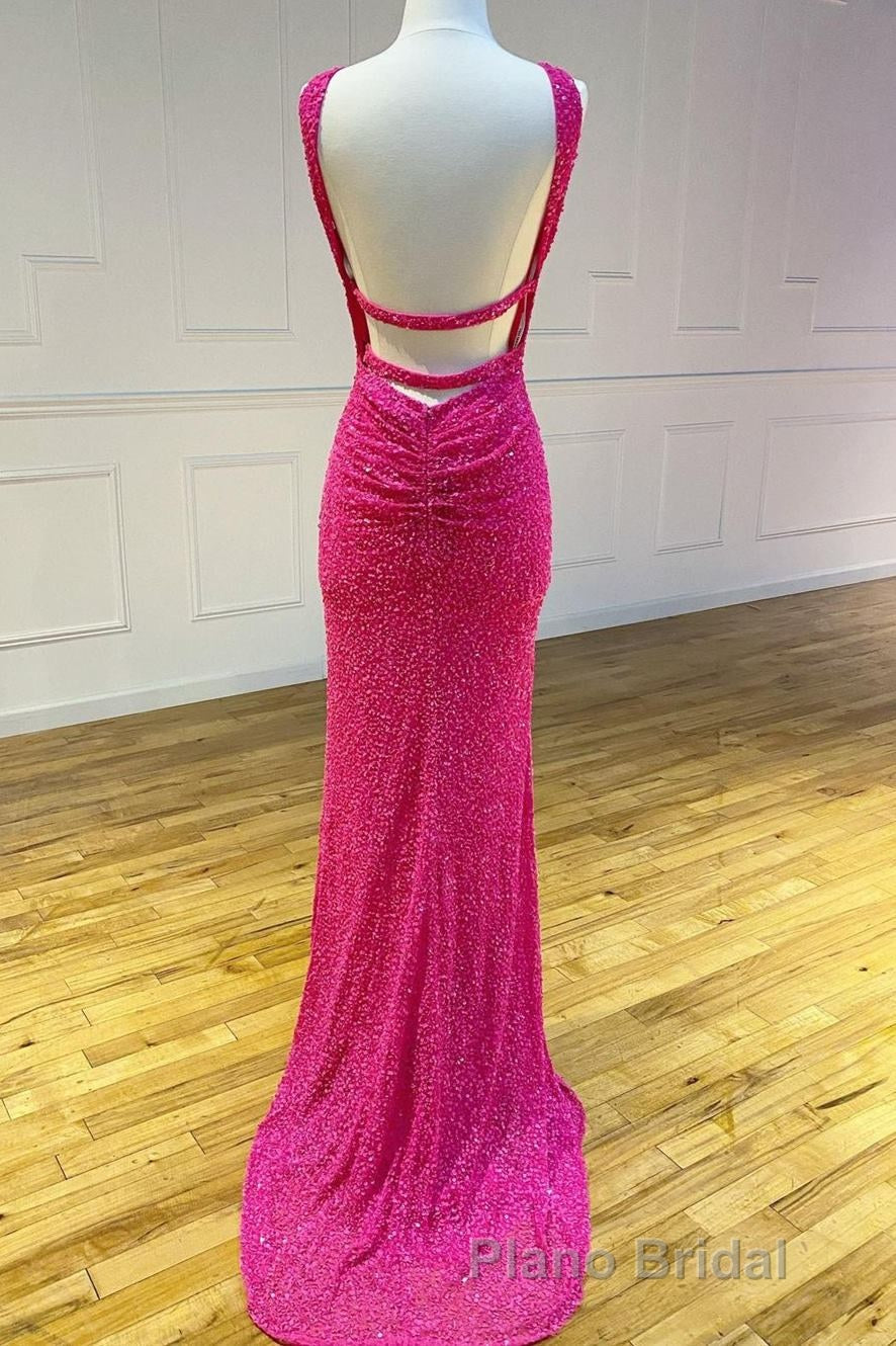 Cross Front Hot Pink Sequins Mermaid Long Prom Dresses Secondary image