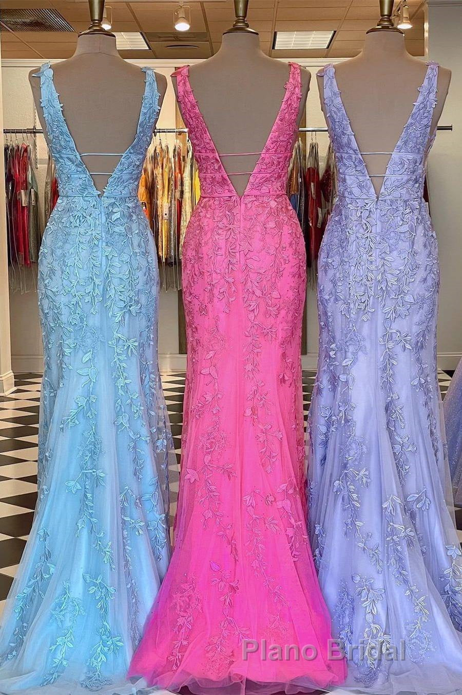 Plunge V Neck Lace Appliques Long Formal Prom Dresses Secondary image