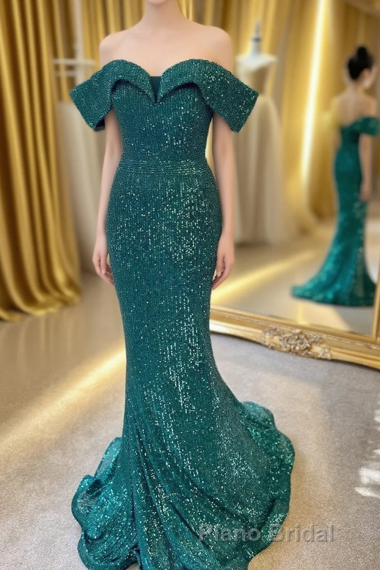 Off the Shoulder Burgundy Sequins Mermaid Long Prom Dresses