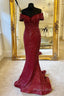 Off the Shoulder Burgundy Sequins Mermaid Long Prom Dresses