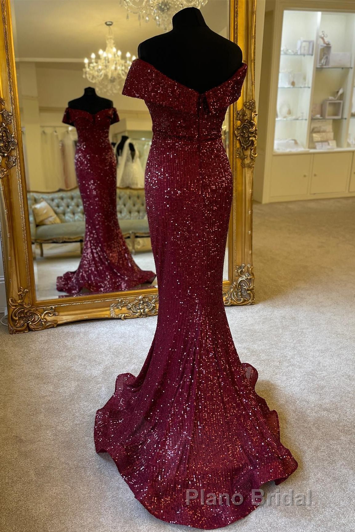 Off the Shoulder Burgundy Sequins Mermaid Long Prom Dresses