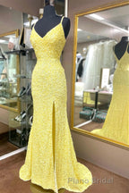 Mermaid Yellow Sequins Long Formal Prom Dresses with Slit