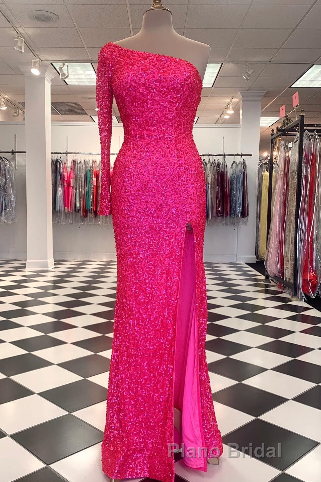 One Shoulder Long Sleeve Mermaid Sequin Long Dresses